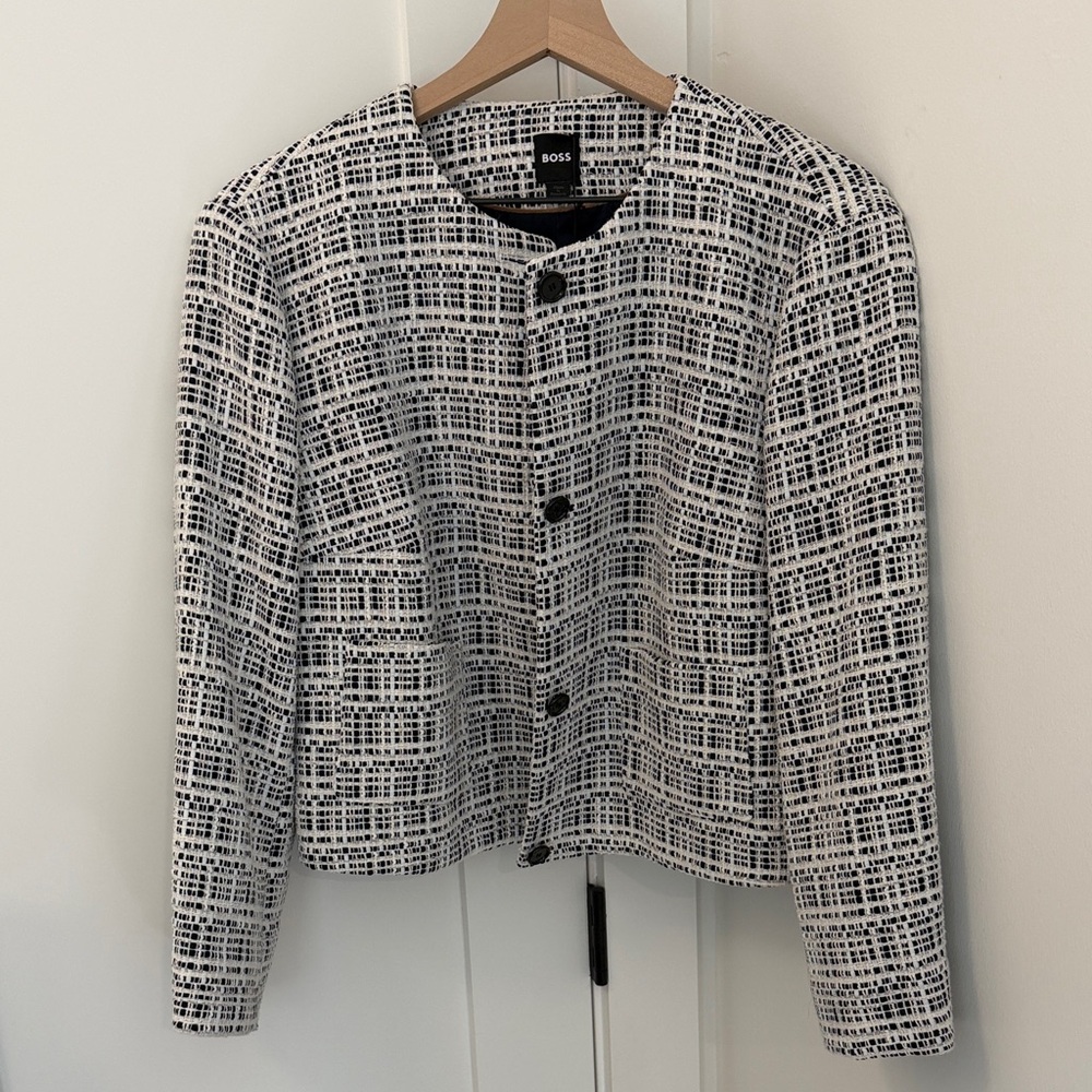 Boss Black and White Patterned Collarless Tweed Jacket